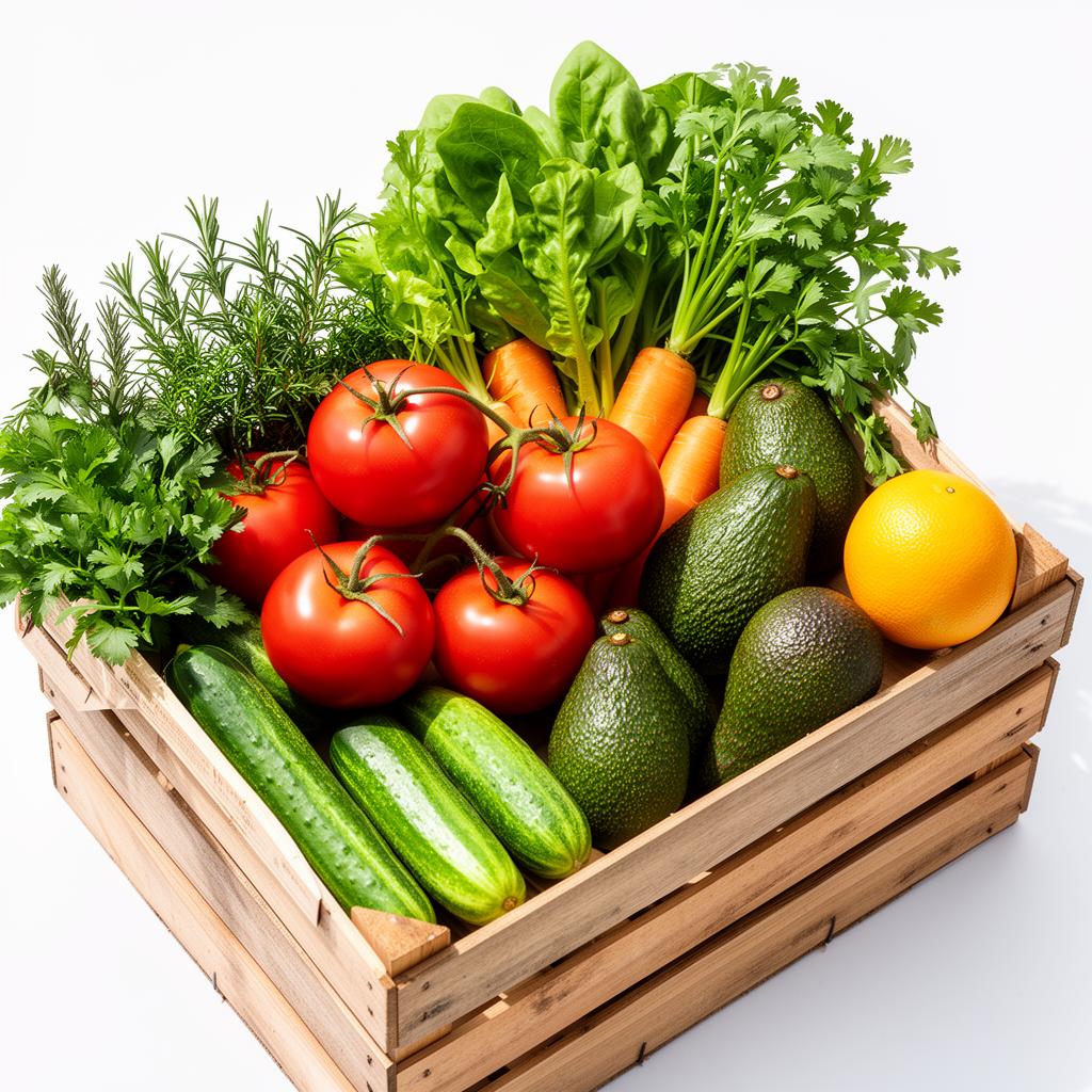 Crate of fresh organic fruit and vegetables